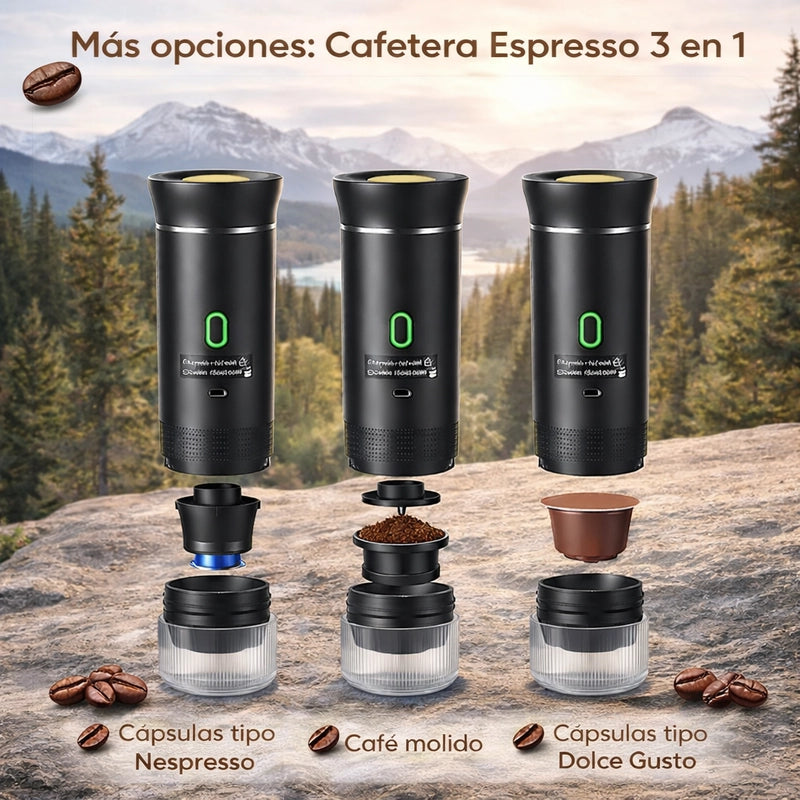 Kaffu Cafetera Portátil 3 en 1 – Máquina de Café Espresso Compacta y Recargable para Cápsulas, Café Molido e Instantáneo