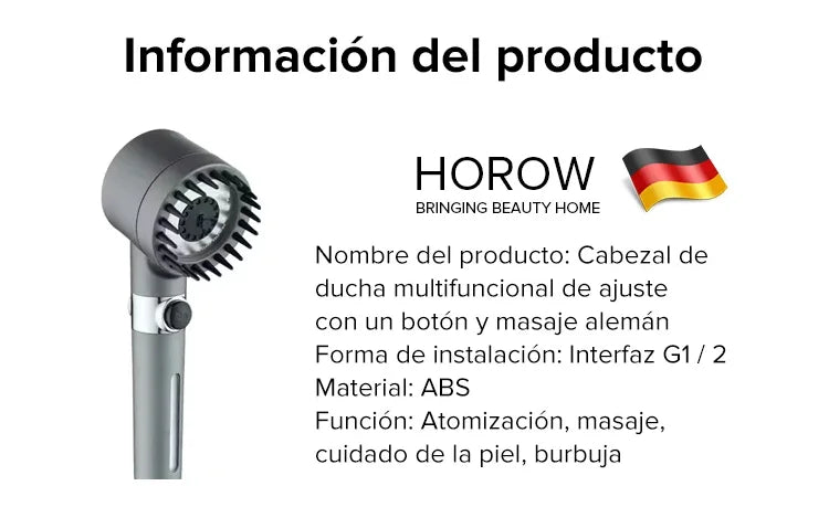 Cabezal de ducha multifuncional de ajuste con un botón y masaje alemán