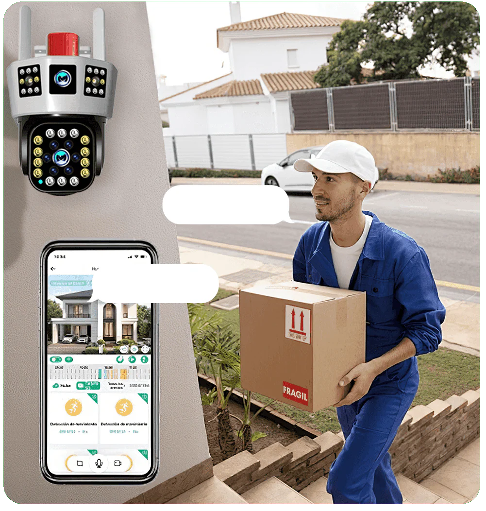 Cámara inalámbrica solar de seguridad 360° para exteriores con monitoreo de tres pantallas