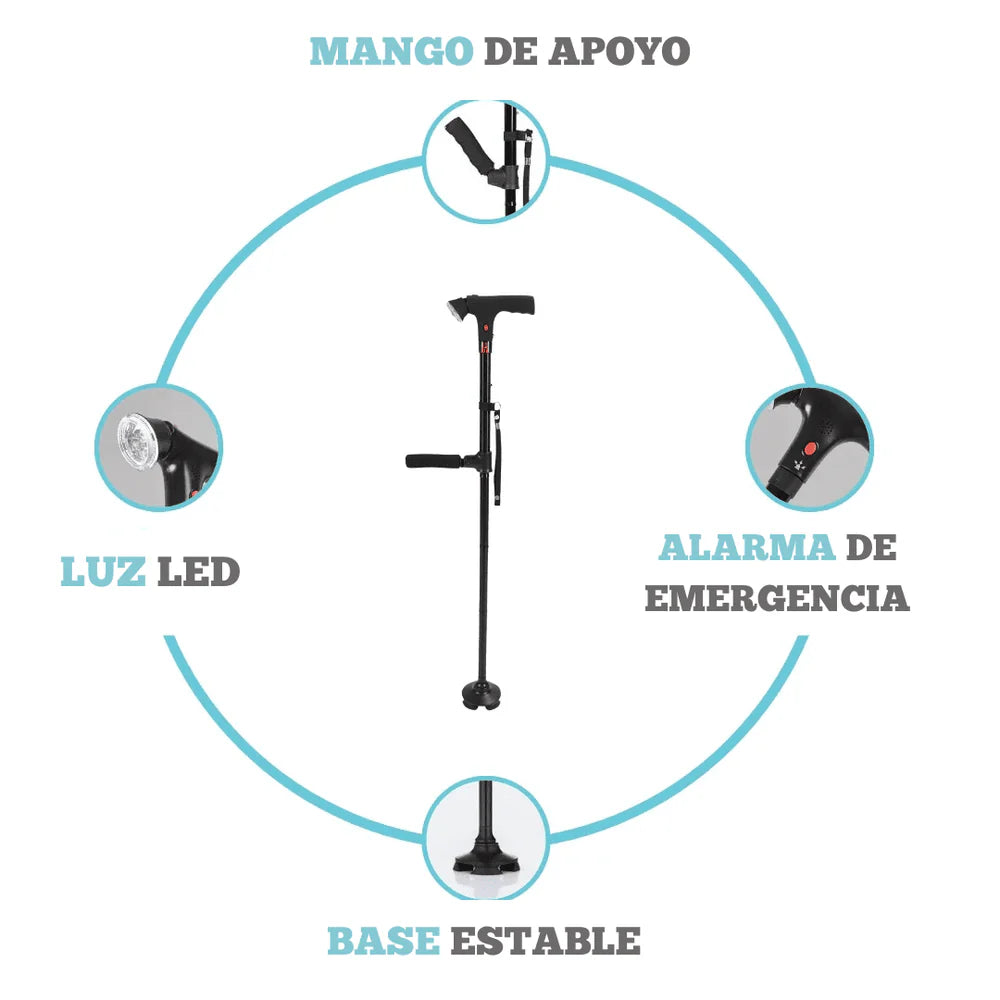 Bastón Seguro para Mayores, con Luz LED, Alarma y Base Estable