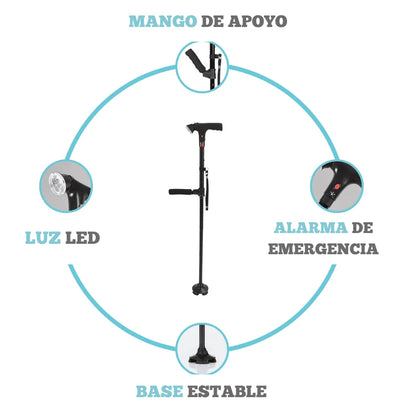 Bastón Seguro para Mayores, con Luz LED, Alarma y Base Estable