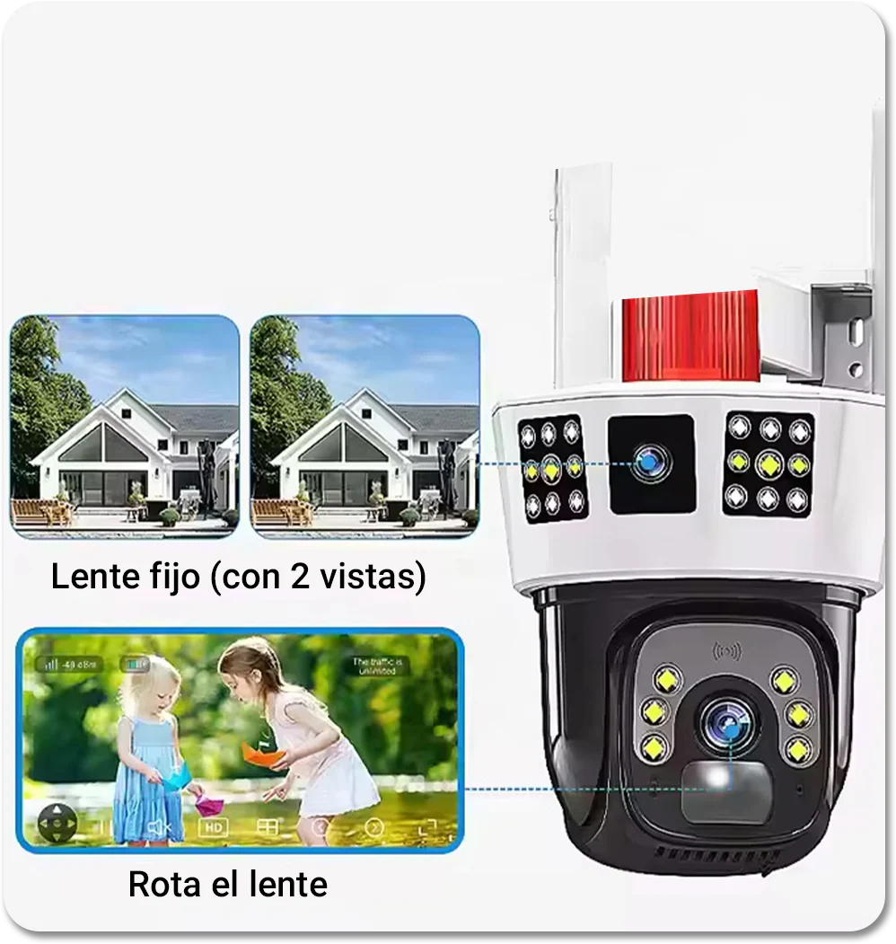 Cámara inalámbrica solar de seguridad 360° para exteriores con monitoreo de tres pantallas
