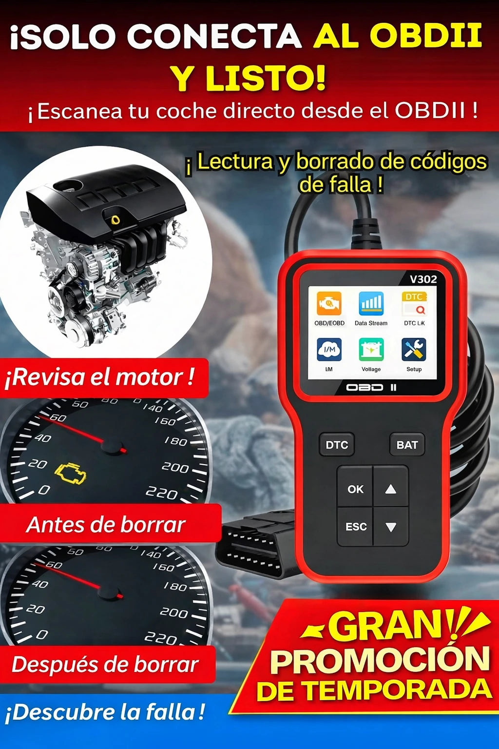 ESCÁNER AUTOMOTRIZ-V302 - ¡DEJA DE REGALAR TU DINERO EN EL TALLER MECÁNICO!