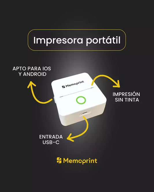 Impresora Portátil Memoprint® + 10 Rollos Papel Adhesivo Blanco y Colores