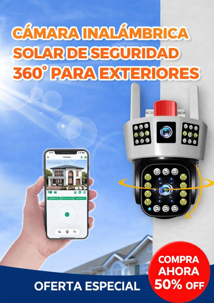 Cámara inalámbrica solar de seguridad 360° para exteriores con monitoreo de tres pantallas