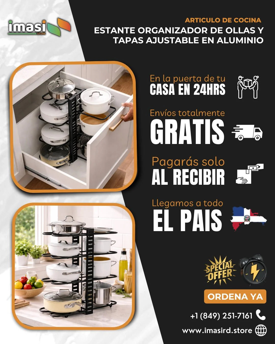 ESTANTE ORGANIZADOR DE OLLAS Y TAPAS AJUSTABLE EN ALUMINIO | Organiza tu cocina en minutos y dile adiós al desorden