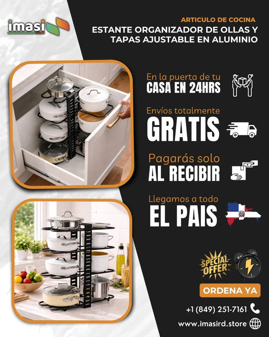 ESTANTE ORGANIZADOR DE OLLAS Y TAPAS AJUSTABLE EN ALUMINIO | Organiza tu cocina en minutos y dile adiós al desorden
