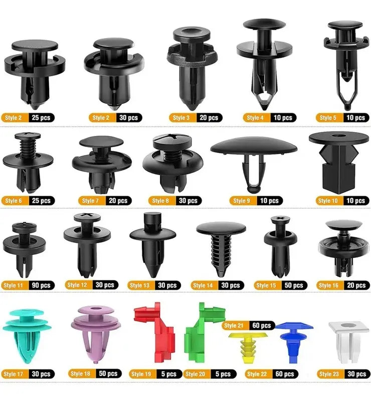 KIT UNIVERSAL DE CLIPS Y GRAPAS AUTOMOTRICES – 725 PIEZAS + HERRAMIENTAS