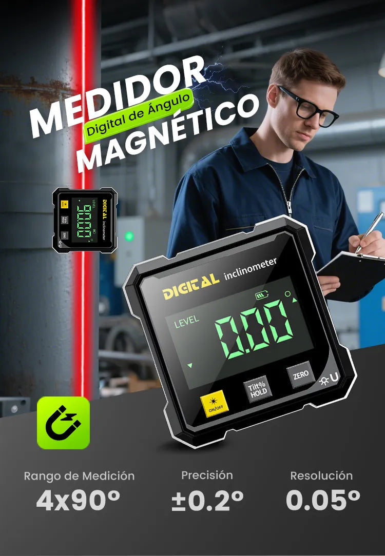 Medidor de Ángulo Digital Magnético de 4 Caras con Láser