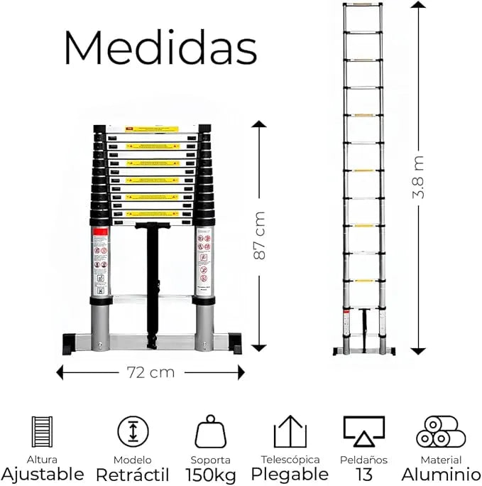 Escalera Telescópica Plegable de Aluminio – 2 Mts o 3.8 Mts