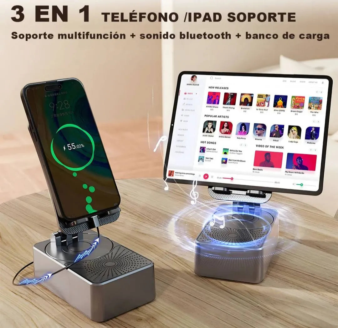Parlante Bluetooth 3 en 1 con Soporte para Celular y Power Bank